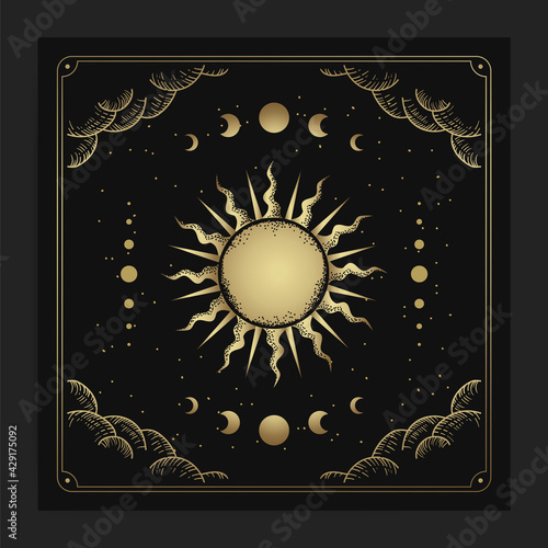 Sun and moon phases in engraving, hand drawn, luxury, esoteric, boho style, fit for paranormal, tarot reader, astrologer or tattoo