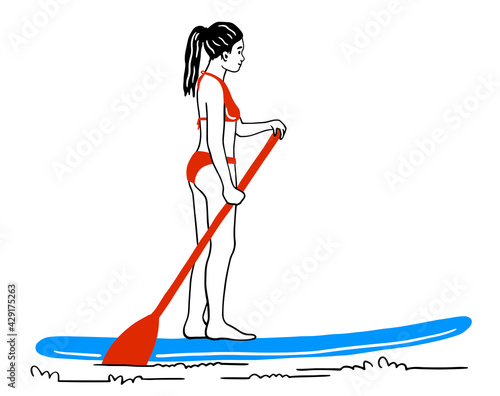 A woman rowing on a soup board. A young woman rides a surfboard with a paddle. The concept of summer water sports and recreation. Linear vector illustration. doodle. sketch