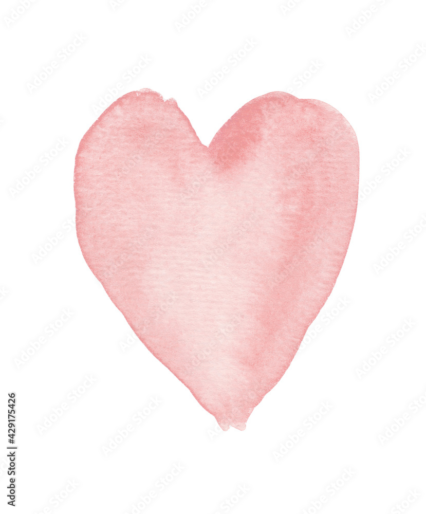 Watercolor Painting with Pink Heart. Romantic Art with Cute pastel Pink Love Symbol Isolated on a White Background. Lovely Print ideal for Card, Wall Art, Poster, Valentines's Day Decoration