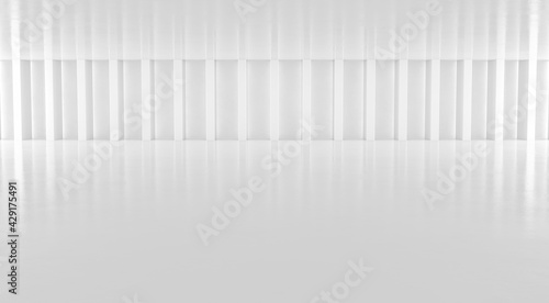 Abstract white floor and wall background with columns. Modern showroom design. Futuristic interior view. 3d Rendering.
