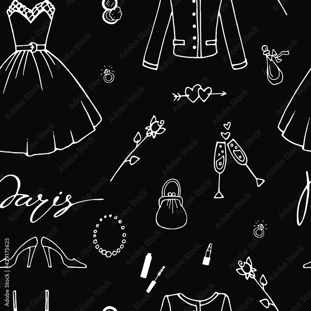 Vector chalkboard style seamless pattern French female clothes,  accessories, cosmetics, word Paris, hearts, roses,. Linear white on black  design for textile, wrapping paper, wallpaper, scrapbooking. Stock Vector |  Adobe Stock
