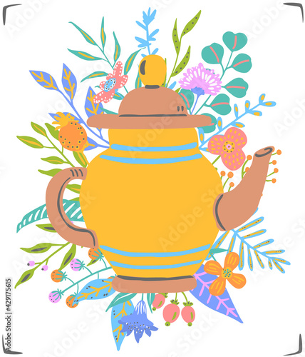 cute vintage teapot decorated with floral elements, isolated vector illustration
