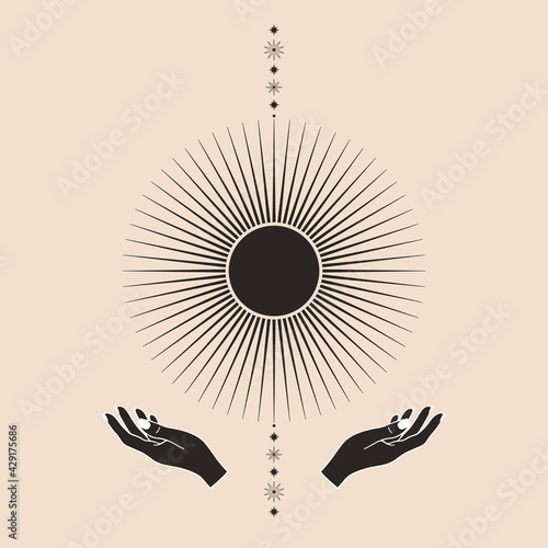 Hand drawn card of mystical Sun with woman`s hands, stars in line art. Spiritual symbol celestial space. Magic talisman, antique style, boho, tattoo, logo. Astrology, astronomy vector illustration