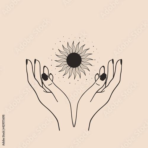 Hand drawn card of mystical Sun with woman`s hands, stars in line art. Spiritual symbol celestial space. Magic talisman, antique style, boho, tattoo, logo. Astrology, astronomy vector illustration