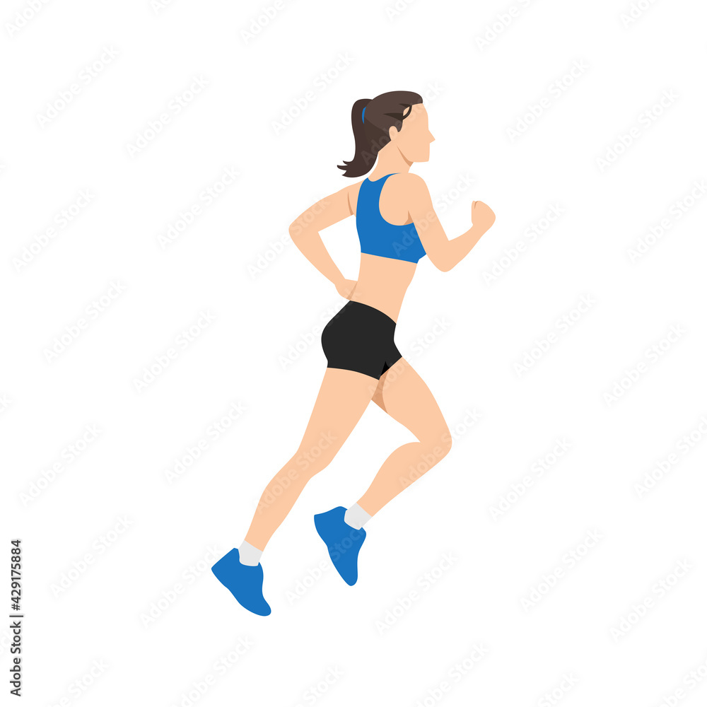 Muscular adult woman running or jogging. Workout excercise. Marathon athlete doing sprint outdoor - Simple flat vector illustration. Muscular adult woman running or jogging. Workout excercise. Marathon athlete doing sprint outdoor - Simple flat vector illustration.