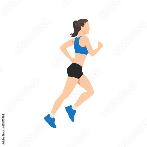 Fototapeta Naklejka Na Ścianę i Meble -  Muscular adult woman running or jogging. Workout excercise. Marathon athlete doing sprint outdoor - Simple flat vector illustration.