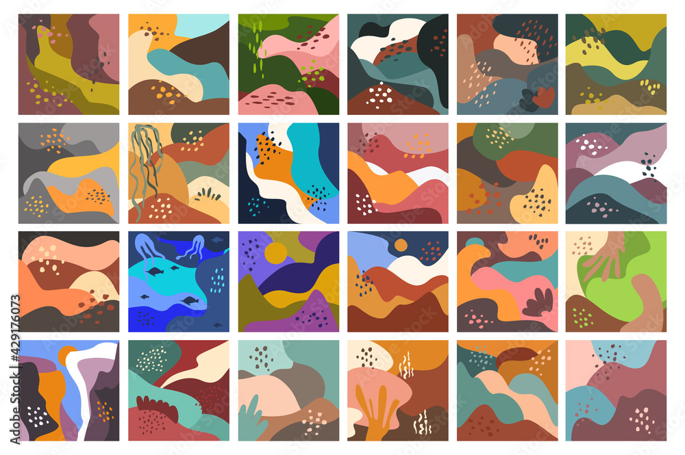 big set of abstract wavy hills textures, square art prints, vector illustration