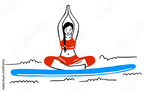 Stand Up Paddle Boarding yoga collection. SUP surfing cartoon sketch vector illustration set with young woman practicing asanas on a supboard, paddle isolated on white background