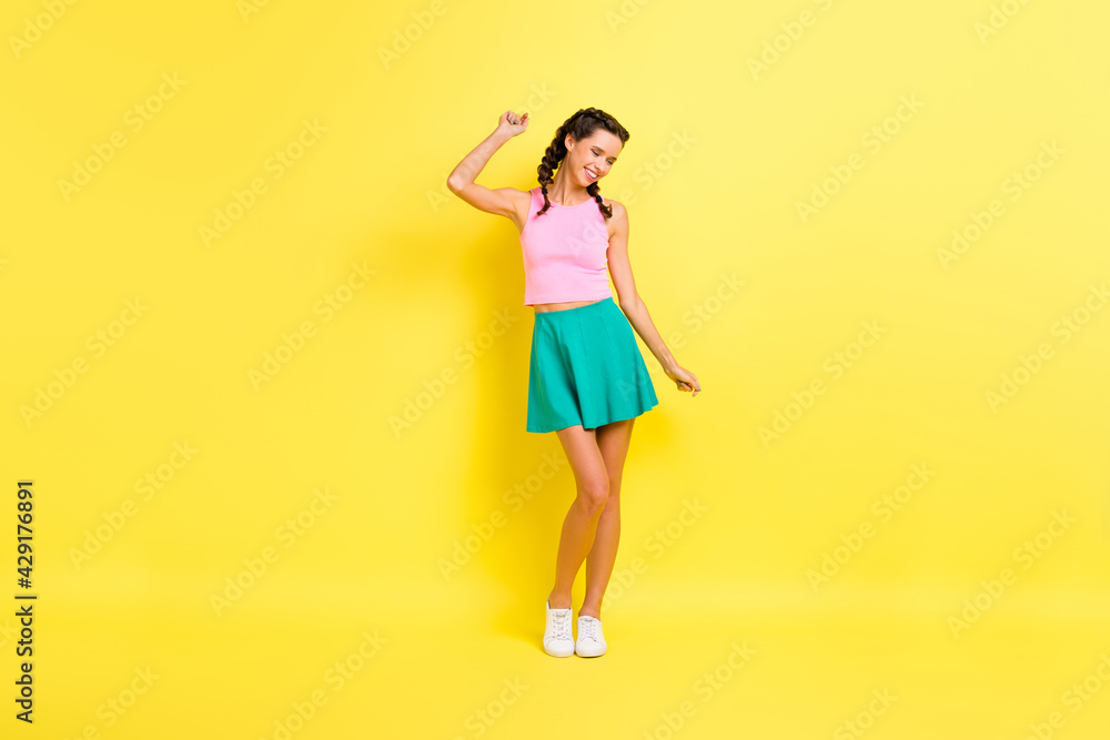 Full size photo of funky happy young woman dance wear summer outfit isolated vibrant yellow color background Full size photo of funky happy young woman dance wear summer outfit isolated vibrant yellow color background