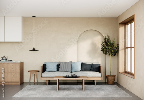 Japandi style living room interior design and decoration 3d rendering studio apartment and sunlight from window. photo