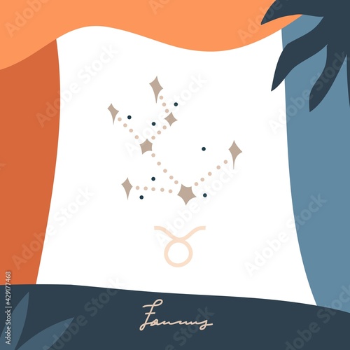 Hand drawn vector abstract stock graphic simple astrology celestial illustration card art with modern collage artistic boho contemporary print template of zodiac sign stars,Taurus constellation