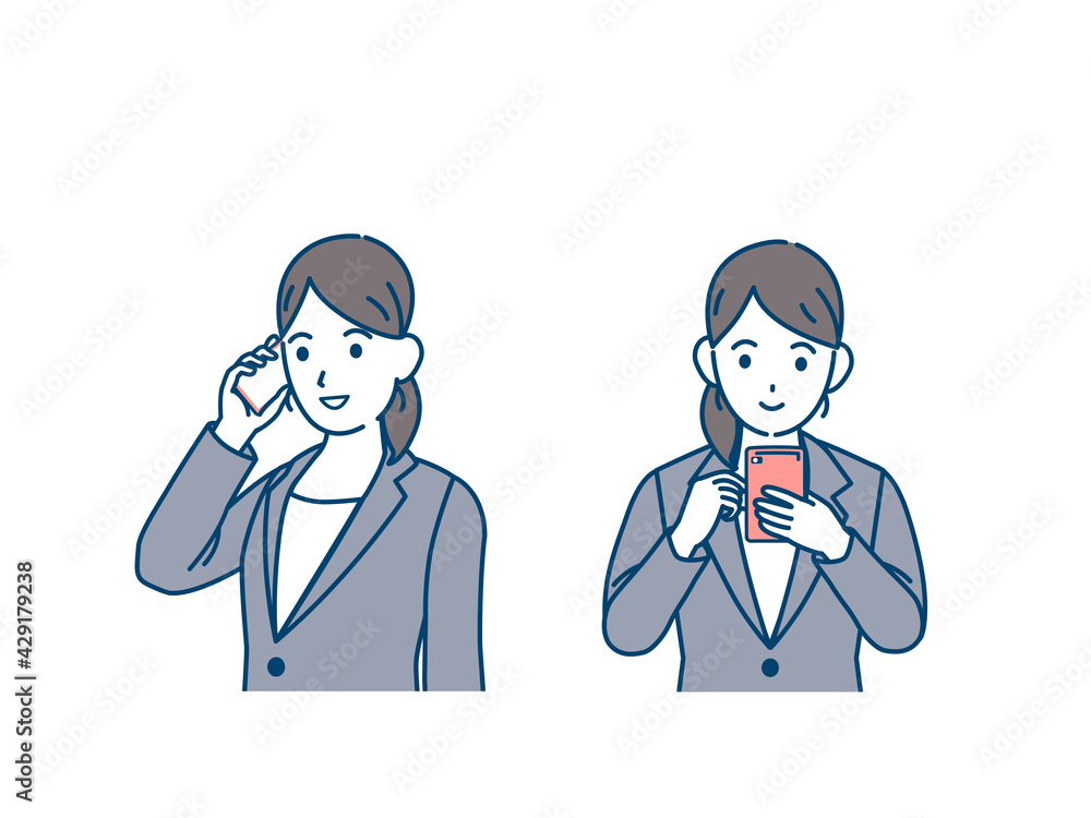 スマートフォンを使うスーツ姿の女性 携帯電話 会社員 上半身 イラスト素材 Stock Vector Adobe Stock