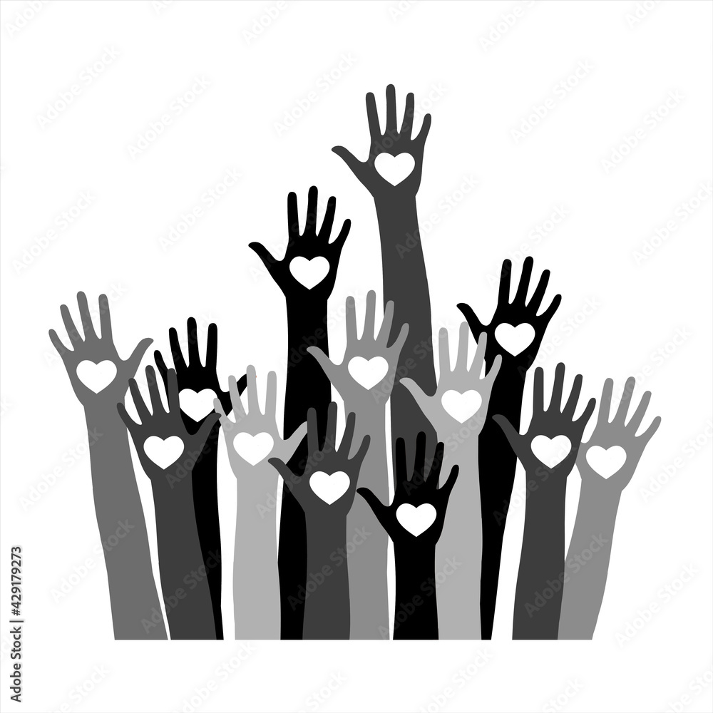 Volunteer concept with hands of different skin tones with heart in palms.