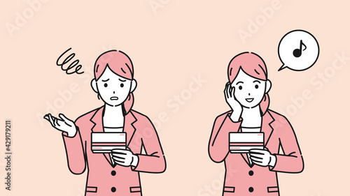通帳を見て喜ぶ　困る　スーツ姿の女性　会社員　給料　金欠　支払い　イラスト素材