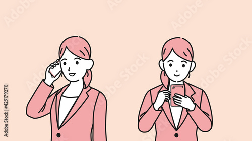 スマートフォンを使うスーツ姿の女性　携帯電話　会社員　上半身　イラスト素材