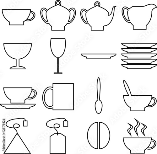 tea glassware black line icons
