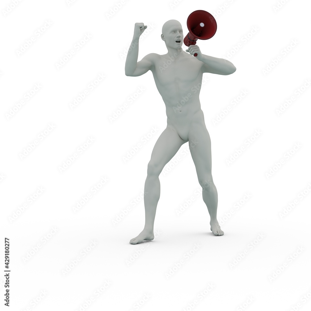 3D Render : Clay texture male character hold the megaphone and shout , isolated 3D Render : Clay texture male character hold the megaphone and shout , isolated