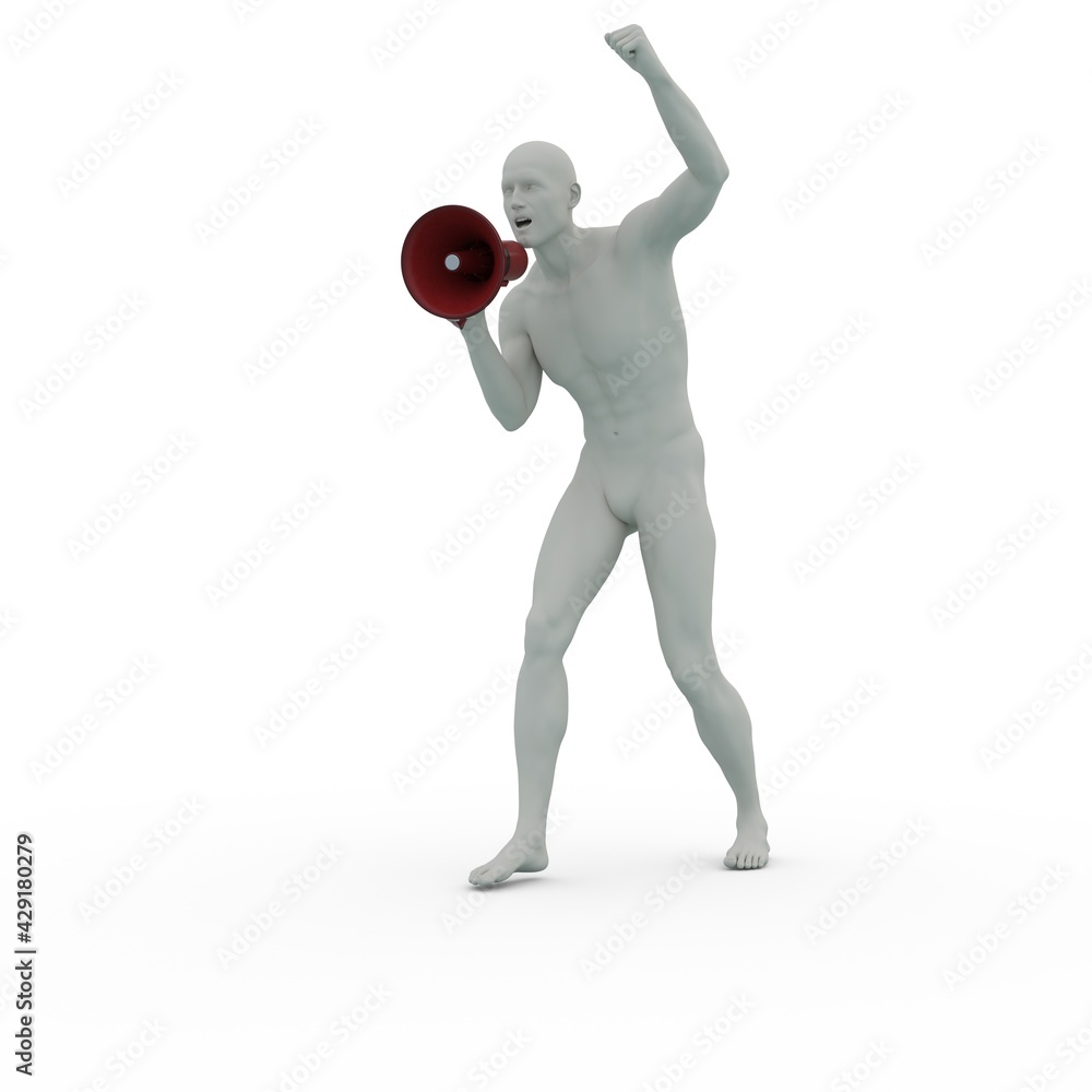3D Render : Clay texture male character hold the megaphone and shout , isolated 3D Render : Clay texture male character hold the megaphone and shout , isolated