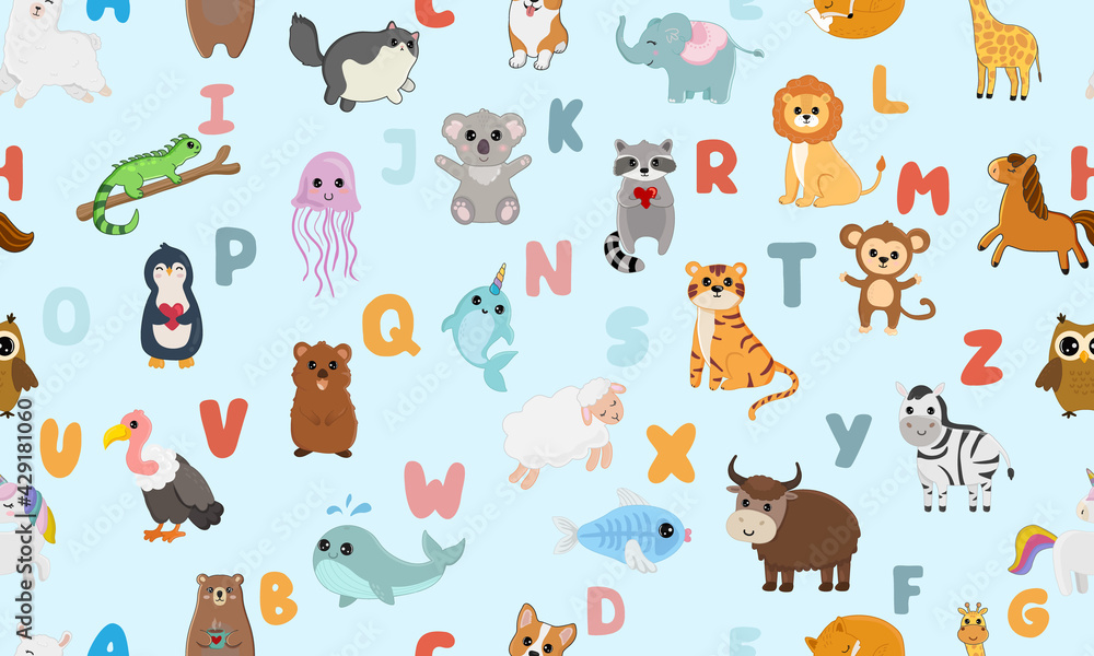 Obraz premium Seamless pattern with english alphabet with cute animals isolated on blue background. Vector illustration for teaching children learning a foreign language.