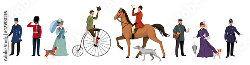 Group of people of different genders, professions in different clothes. British retro style people characters on white background. Flat cartoon characters set. Vector illustration.