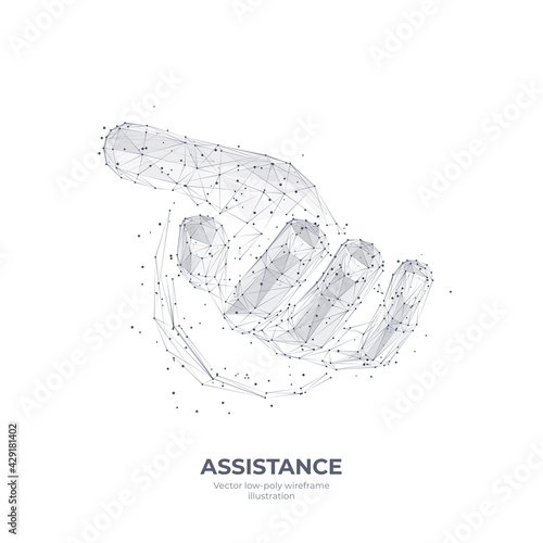 Digital 3d hand giving or taking something. Abstract human arm isolated in white. Assistance, social aid or hand gesture concept. Low poly mesh wireframe with connected dots. Vector sketch drawing 