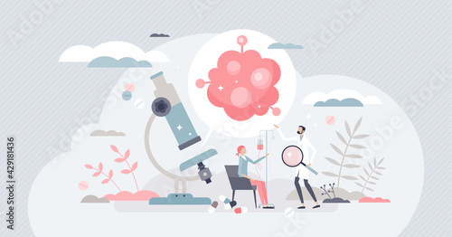 Oncologist as doctor professional for cancel treatment tiny person concept. Oncology examination, checkup and internal biopsy screening for early diagnostics and patient disease therapy screening.