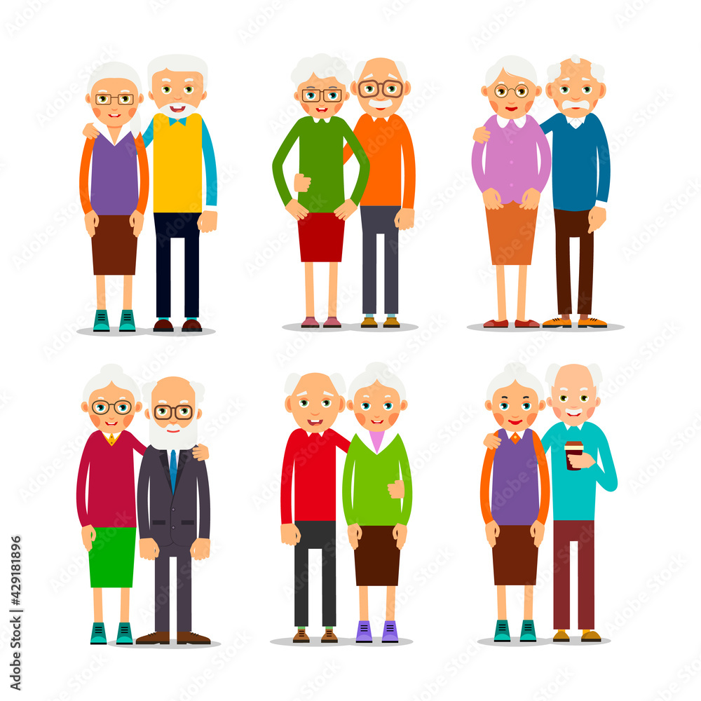 Six couple older people. People stand in pairs. Elderly man and woman stand together and hug each other. Set illustration isolated on white background in flat style