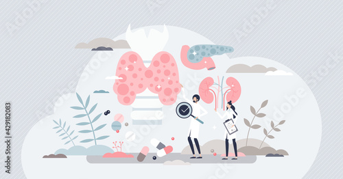 Endocrinologist as hormonal glands doctor and medical profession tiny person concept. Healthcare diagnosis, checkup or treatment for trachea, throat or neck vector illustration. Pills and drug therapy