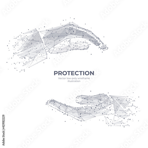 Two human hands protecting or holding something. Abstract vector arm, palm wireframe isolated in white. Protection hand gesture concept. Digital sketch drawing. Low poly wireframe with connected dots