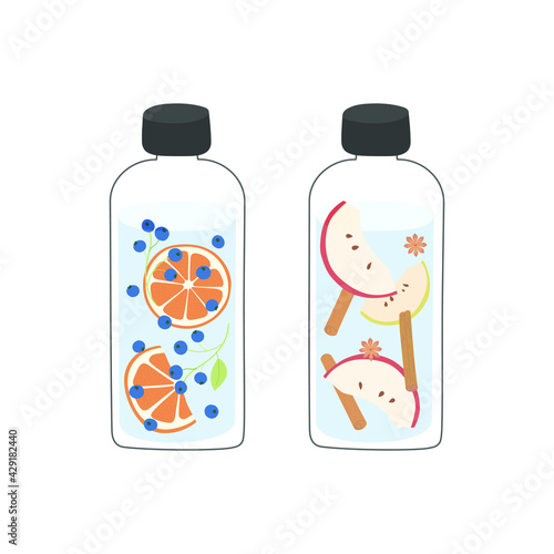 Infused water with fruits, berries and spices in glass bottles. Detox and refreshment drink concept. Isolated vector illustration.