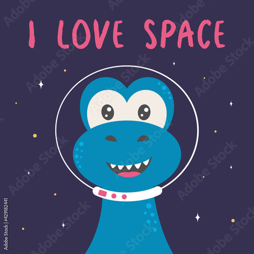 card with dinosaur in space, vector illustration