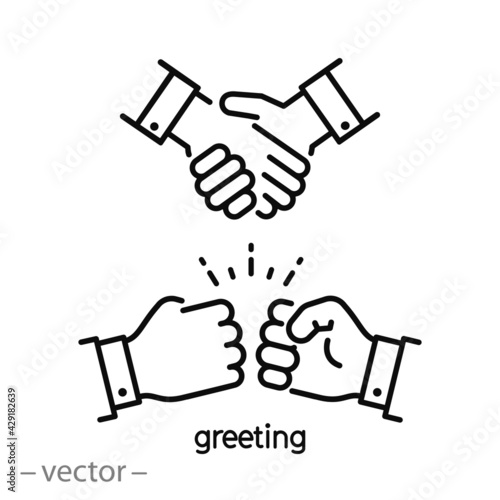 greeting fist instead handshake, icon, hello, bumps punch, hail salute,  thin line symbol on white background - editable stroke vector illustration eps10