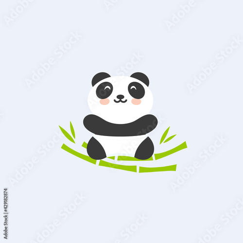 Baby panda in bamboo nest  funny and cute asian bear  vector logo template.