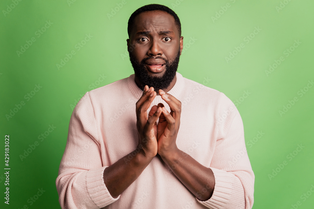 Photo of worried man hold fingers panic attack wear white shirt over green background