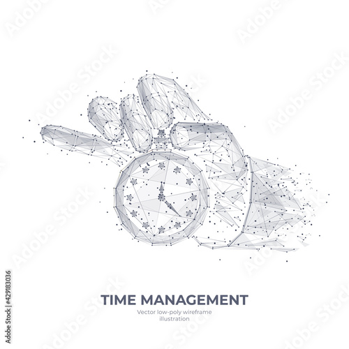 3d hand holding clock or stopwatch isolated in white. Time management, planning, life control or business concept. Abstract low poly mesh wireframe with connected dots. Digital vector sketch drawing