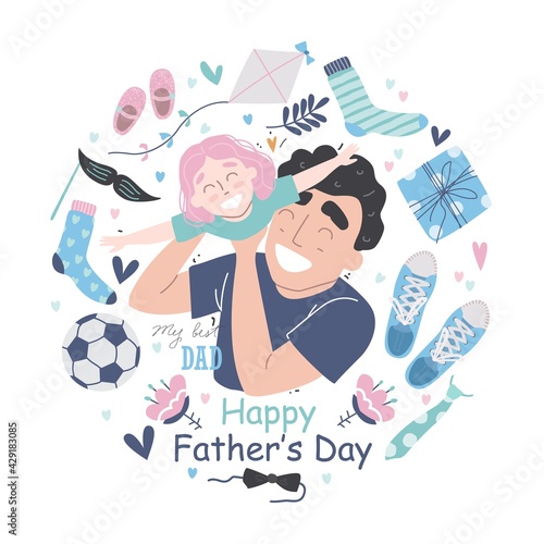 Happy Fathers Day greeting card. Young Father hugging his toddler daughter at home. Father and daughter together. Fathers day vector illustration set in modern style
