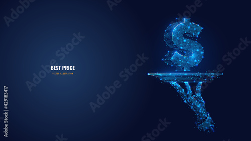 Digital 3d hand holding plate with dollar icon in dark blue. Abstract dish and currency symbol. Best price or offer, bargain, money concept. Low poly mesh wireframe with dots, lines, stars and shapes 