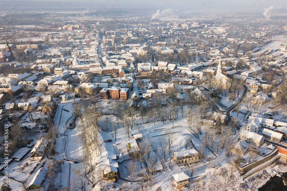 Aerial view of old town in city Kuldiga, Latvia.