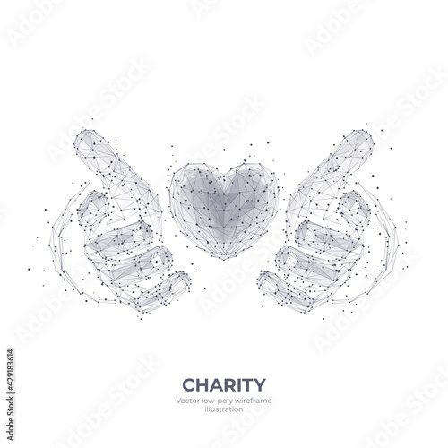 Abstract 3d human hands holding or giving heart symbol isolated in white. Charity, volunteering, social care concept. Digital low poly wireframe with dots, lines and triangles. Vector sketch drawing 