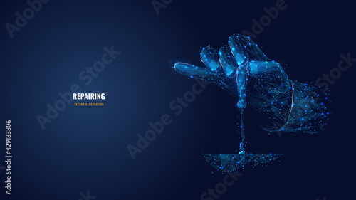 Abstract 3d hand holding screwdriver. Repairing, technical service, mechanical process concept. Digital vector wireframe of arm and tool in dark blue. Low poly mesh with dots, lines, shapes and stars
