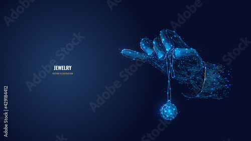 3d hand holding necklace. Abstract round pendant with gem on chain. Jewelry concept in dark blue. Digital vector jewelry store banner template. Low poly wireframe with dots, lines and glowing stars 