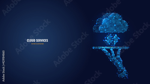 Digital hand holding cloud with two arrows up and down in dark blue. Cloud services, technology, computing, data storage concept. Abstract vector low poly wireframe with dots, lines, shapes and stars 