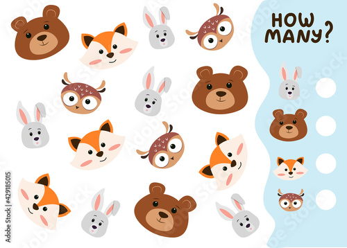 Counting game for preschool kids. Educational math game. Count how many animals there are and write down the result. Vector illustration in cartoon style © Екатерина Великая