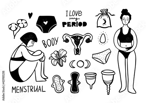 hand drawn menstrual set of design elements. Vector illustration. doodle period collection. women set with caps, Cotton, pads, panties, yoni egg, moon, lettering. Eco zero weste concept.