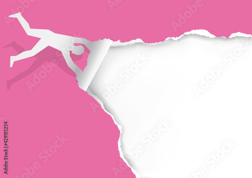 
Flying man,tearing paper, funny pink torn paper banner template. 
Paper silhouette of man revealing white background with place for your text or image. Vector available.