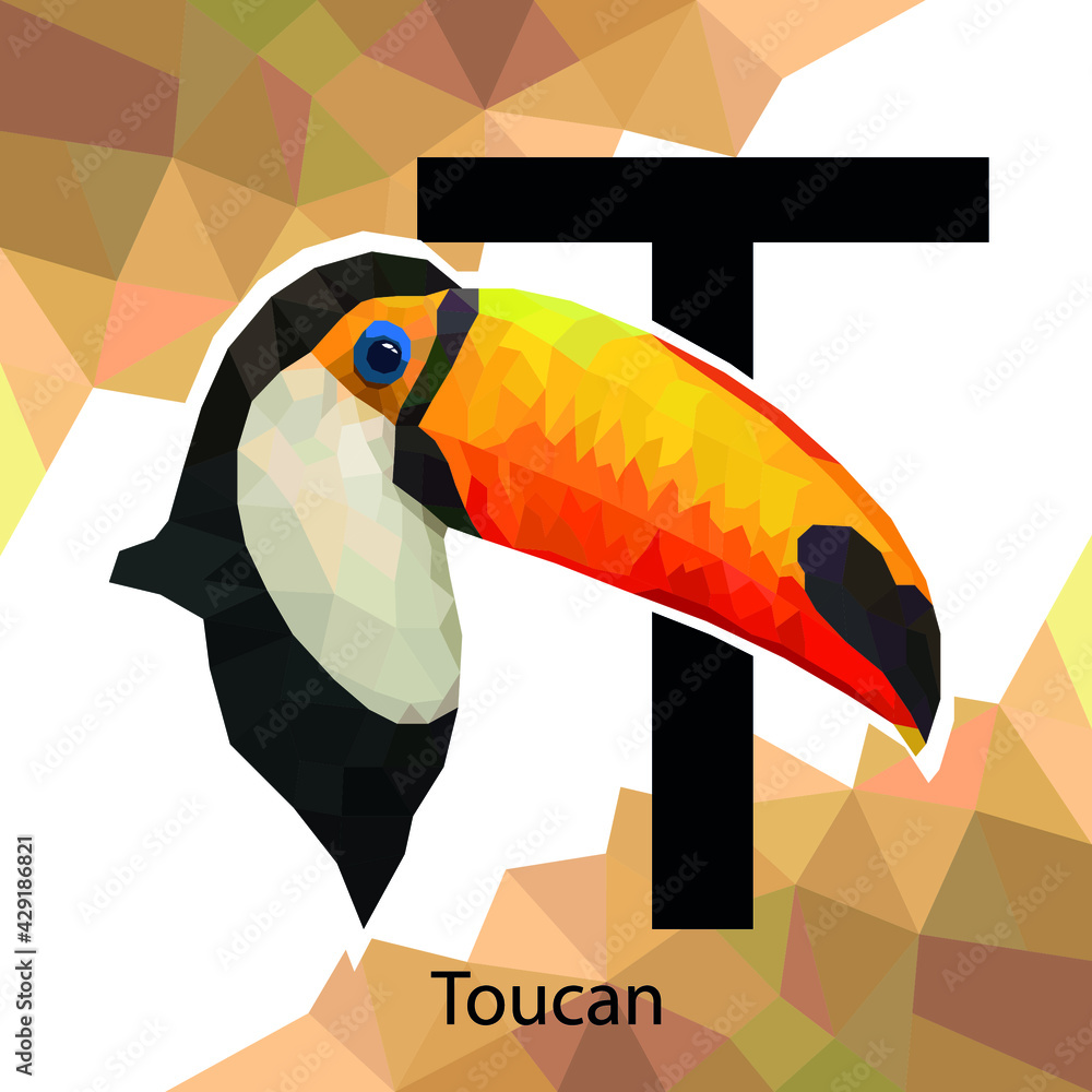 Obraz premium T letter animals set. English alphabet. Toucan Vector illustration. Colorful polygonal style. Toucan