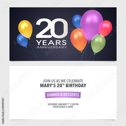 20 years anniversary invitation vector illustration. Design template element