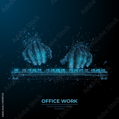 Digital 3d human hands typing on computer or laptop keyboard in dark blue. Office work, workplace or business concept. Abstract vector low poly wireframe with dots, lines, stars and flying shapes 