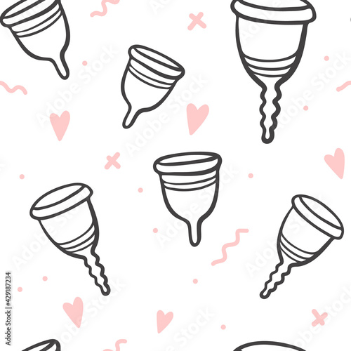 hand-drawn menstrual cup seamless pattern. Vector line illustration. Period pattern isolated. Zero-waste pattern with cups, hearts, clothes, crosses.