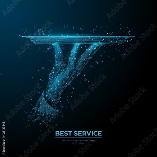 Abstract 3d hand holding plate in dark blue. Digital vector waiter carrying dish. Best service in restaurant or hotel, rating concept. Low poly wireframe with dots, lines, triangles and flying debris 